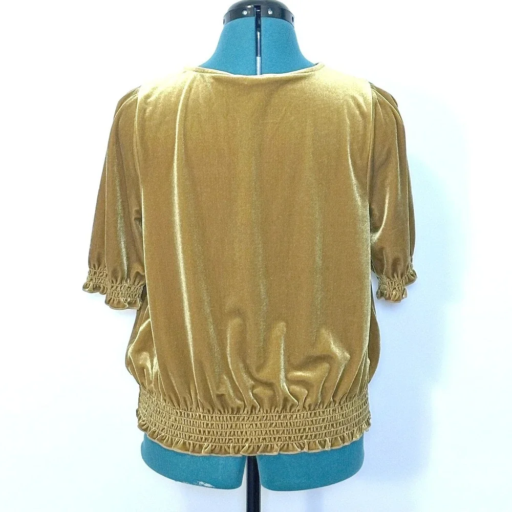 Madewell Shirt Womens Medium Gold Velvet Wrap Puff Sleeve‎ Smocked Hem Top